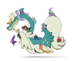  applin axew bagon bat_wings charmander commentary deino_(pokemon) dragon dragon_type_theme_(pokemon) drampa dratini dreepy english_commentary fang fire flame-tipped_tail frigibax gible goomy highres holding jangmo-o no_humans noibat on_head open_mouth pokemon pokemon_(creature) pokemon_focus profile psaber97 riding simple_background sparkling_eyes tail tyrunt white_background wings 