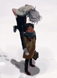  2boys a12740807 bag black_boots black_pants blue_eyes boots brown_coat brown_hair coat footprints green_scarf grey_hair hand_in_pocket highres holding holding_bag ikari_shinji looking_up male_focus multiple_boys nagisa_kaworu neon_genesis_evangelion open_mouth pants scarf school_uniform shirt shirt_tucked_in shoes short_hair short_sleeves sneakers snow standing tokyo-3_middle_school_uniform very_short_hair white_background white_shoes 