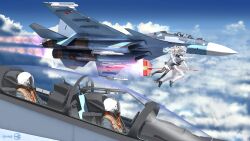  1girl 4others absurdres aircraft aircraft_request airplane animal_ear_fluff animal_ears black_shoes black_skirt black_thighhighs blonde_hair blue_eyes boots broom broom_riding brown_boots chinese_commentary clouds commentary_request fangzhoututu fighter_jet flight_suit flying grey_skirt helmet highres hug hug_from_behind long_hair looking_at_another looking_down military_vehicle multiple_others one_eye_closed original pilot pilot_helmet pleated_skirt red_eyes shirt shoes short_hair skirt sky su-30 thigh-highs very_long_hair white_hair white_shirt white_thighhighs 