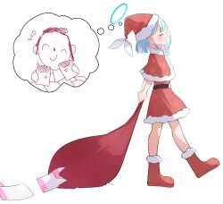  1boy 1girl absurdres alternate_costume aqua_hair arona_(blue_archive) belt black_belt blue_archive blue_hair blue_halo blush boots braid capelet christmas closed_eyes closed_mouth colored_inner_hair commentary_request doodle_sensei_(blue_archive) dress from_side full_body fur-trimmed_boots fur-trimmed_capelet fur-trimmed_dress fur-trimmed_headwear fur_trim halo hat highres holding holding_sack multicolored_hair paper pink_hair red_capelet red_dress red_hat red_skirt ribbon sack santa_costume santa_dress santa_hat sensei_(blue_archive) short_hair short_sleeves simple_background single_braid skirt smile speech_bubble thought_bubble tisofofo two-tone_hair walking white_background white_ribbon 
