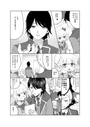  2girls 3boys absurdres blush bow brother_and_sister buttons commentary_request double-breasted ei_(ckitonex) hair_bow hand_on_own_cheek hand_on_own_face highres holding_hands idol_time_pripara manaka_laala manaka_laala_(normal) mitaka_asahi monochrome multiple_boys multiple_girls necktie pretty_series pripara school_uniform short_hair siblings speech_bubble takase_koyoi thought_bubble translation_request two_side_up yumekawa_shogo yumekawa_yui 
