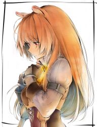  1girl animal_ears armor black_dress breastplate breasts brown_armor brown_hair closed_mouth collared_dress commentary_request dress from_side gauntlets hair_tubes high_collar hinoru_saikusa layered_dress leather_armor long_hair long_sleeves looking_down medium_breasts metal_arm_cuffs metal_hair_tubes metal_wrist_cuffs pinstripe_dress pinstripe_pattern raccoon_ears raccoon_girl raphtalia red_dress red_eyes sleeveless sleeveless_dress solo straight_hair tanuki tate_no_yuusha_no_nariagari two-tone_dress white_background white_dress 