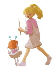  2girls :d ^_^ antennae black_eyes blonde_hair blush blush_stickers closed_eyes commentary dress drum_student_(rhythm_tengoku) drumsticks from_behind full_body happy highres holding holding_drumsticks holding_stick long_hair long_sleeves looking_at_another multiple_girls nadesasero ondoku-chan open_mouth orange_hair overalls pink_shirt ponytail rhythm_tengoku rhythm_tengoku_miracle_stars robot_girl shirt shoes short_hair simple_background skirt sleeves_rolled_up smile stick untranslatable_commentary walking white_background white_skirt wings 
