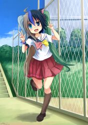  1girl asymmetrical_eyes blue_sky blush bow bowtie bracelet chain-link_fence clouds cloudy_sky double_v fence full_body futaba_channel grass heterochromia highres jewelry moetron multicolored_bow multicolored_bowtie mystic-san outdoors single_animal_ear sky solo split-color_clothes stairs tree two-tone_bow two-tone_bowtie two-tone_sailor_collar ultimate_moe v yellow_bow yellow_bowtie 