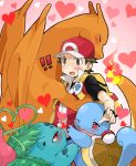  1boy agemono alternate_costume blush charizard hug ivysaur poke_ball pokemon pokemon_(creature) pokemon_(game) pokemon_rgby pokemon_trainer red_(pokemon) red_(pokemon)_(remake) squirtle super_smash_bros. vs_seeker 