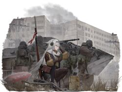  1girl 4others altyn_helmet animal_ears armored_personnel_carrier armored_vehicle assault_rifle body_armor boots brown_gloves brown_jacket brown_shoes building callsign:_cedar combat_helmet elena_(callsign:_cedar) game_asset gloves gun helmet highres holding jacket long_hair military_combat_uniform military_uniform motor_vehicle multiple_others official_art radio rifle road_sign shoes sign solo_focus squatting stop_sign thigh_boots third-party_source vehicle_request weapon weapon_request white_hair yellow_eyes 