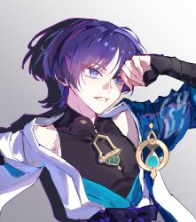  1boy armor black_bodysuit black_bow black_bridal_gauntlets blue_cape blue_gem blue_kimono blue_sleeves blunt_ends bodysuit bow bridal_gauntlets cape commentary_request covered_collarbone drop_shadow eyeliner fingernails furisode gem genshin_impact gold grey_background hand_up highres japanese_armor japanese_clothes juban kimono kote kurokote layered_sleeves looking_to_the_side makeup male_focus mandarin_collar mizumoo20x open_clothes open_kimono open_mouth portrait purple_hair purple_rope purple_sash red_eyeliner rope sash scaramouche_(genshin_impact) short_sleeves shoulder_peek side_cape solo tsurime violet_eyes vision_(genshin_impact) wanderer_(genshin_impact) white_kimono white_mouth white_sleeves white_trim wolf_cut 