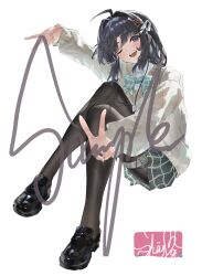  1girl ahoge awa_subaru black_hair black_pantyhose black_shoes blue_bow blue_bowtie blush bow bowtie chinese_commentary collared_shirt commentary_request girls_band_cry green_skirt hair_intakes hair_ornament hair_ribbon hairclip highres invisible_chair looking_at_viewer medium_hair mp3_player open_mouth pantyhose pleated_skirt revision ribbon sample_watermark school_uniform shaymas shirt shoes simple_background sitting skirt solo teeth thigh_strap upper_teeth_only v violet_eyes watermark white_background white_shirt 