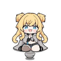  1girl animated animated_gif black_thighhighs blonde_hair blue_eyes coat commentary_request grey_coat grey_shorts honkai_(series) honkai_impact_3rd korean_commentary long_hair midriff navel open_mouth rubbing_hands_together shorts simple_background single_thighhigh sitting smile solo songque songque_(amber_street) suba_(soba30406077) thigh-highs very_long_hair wariza white_background 