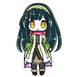  1girl :> absurdres black_pantyhose blush_stickers boots brown_boots chibi chibi_only closed_mouth coat edomura_niniko full_body fur-trimmed_boots fur_trim green_coat green_hair green_hairband green_kimono hairband highres japanese_clothes kimono lace-up_boots long_hair looking_at_viewer official_art open_clothes open_coat pantyhose red_scarf scarf second-party_source simple_background smile solo standing touhoku_zunko transparent_background very_long_hair voiceroid yellow_eyes 