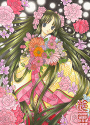  1girl absurdly_long_hair artist_name black_eyes brown_hair bud closed_mouth colored_pencil_(medium) commentary_request flower full_body hair_flower hair_ornament hakama hakama_skirt holding holding_flower japanese_clothes kimono long_hair orange_flower original peony_(flower) pink_flower red_hakama skirt sleeves_past_fingers sleeves_past_wrists smile solo standing suzumame traditional_media very_long_hair white_flower white_kimono yellow_kimono 
