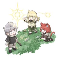  1boy 2girls animal_ear_fluff animal_ears ankle_boots arms_at_sides auyn_(harten) ben_(harten) black_boots black_skirt blonde_hair boots branch bright_pupils brown_boots brown_sleeves buttons cat_ears cat_girl cat_tail child commentary_request dirty dirty_face elf fang fantasy frog full_body gradient_eyes grass green_skirt grey_eyes grey_hair grey_shirt grey_shorts hair_ornament hairclip harten highres hitodama holding holding_branch jun_(navigavi) layered_sleeves leaf_hair_ornament long_hair looking_at_animal looking_at_object looking_up messy_hair multicolored_eyes multiple_girls nayu_(harten) no_pupils nose_shade open_mouth orange_eyes pointy_ears reaching red_hair red_tail runny_nose scarf shirt short_hair shorts sidelocks sitting skirt snot standing tail turtle wariza white_background white_pupils white_scarf white_shirt white_sleeves yellow_eyes yellow_shirt 