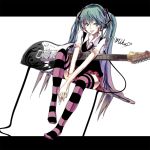  :p blue_eyes blue_hair guitar gumitaroo hatsune_miku highres instrument legs sitting skirt smile solo striped striped_legwear striped_thighhighs thigh-highs thighhighs tongue twintails vocaloid zettai_ryouiki 