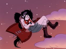  absurdres adventure_time black_hair buzz_cut drawing_(object) flying grey_pants guitar highres instrument jacket marceline_abadeer non-web_source pale_skin pants red_eyes red_jacket short_hair sky vampire very_short_hair 