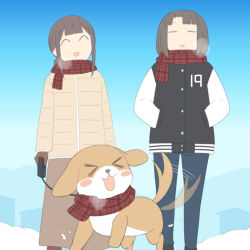  >_< 2girls :d ^_^ afterimage animal black_jacket blue_pants blush_stickers breath brown_gloves brown_hair brown_jacket brown_scarf brown_skirt closed_eyes dog down_jacket gloves hair_bun hands_in_pockets holding holding_leash jacket juukyuu leash letterman_jacket multiple_girls original pants parted_bangs plaid_clothes plaid_scarf sae_(juukyuu) scarf skirt smile snow taiga_(juukyuu) tail tail_wagging tomoe_(juukyuu) xd 