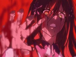  bleach bleach:_sennen_kessen-hen blood blood_from_eyes blood_from_mouth blood_on_face collared_vest hair_between_eyes hair_ornament hair_over_shoulder hand_up highres inoue_orihime long_hair loose_hair_strand open_mouth red_eyes red_theme sanam_1piece snowflake_hair_ornament solo vest 
