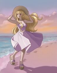  1girl beach blonde_hair blush clouds commentary dress english_commentary eyelashes footprints full_body hand_on_headwear hat highres long_hair neenjapirate original outdoors purple_dress red_eyes sand sandals shadow shore sky smile solo standing standing_on_one_leg sun_hat toes water wide_brim 