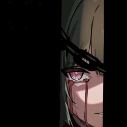  1girl blood blood_from_eyes chain commentary_request doorway green_hair korean_commentary parted_lips phrolova_(wuthering_waves) pink_eyes pov_doorway robro3000 simple_background solo white_background wuthering_waves 
