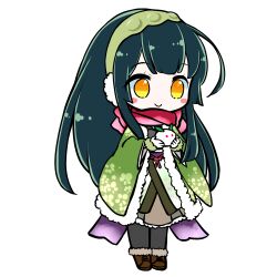  1girl absurdres ahoge black_pantyhose boots brown_boots chibi chibi_only closed_mouth coat edomura_niniko full_body fur-trimmed_boots fur-trimmed_gloves fur_trim gloves green_coat green_hair green_hairband green_kimono hairband highres holding japanese_clothes kimono lace-up_boots long_hair long_sleeves official_art open_clothes open_coat pantyhose second-party_source simple_background smile snow_rabbit solo standing touhoku_zunko transparent_background very_long_hair voiceroid white_gloves wide_sleeves yellow_eyes 