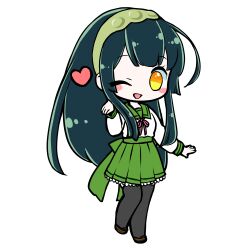 1girl :d ;d absurdres ahoge black_thighhighs blush_stickers brown_shoes chibi chibi_only edomura_niniko full_body green_hair green_hairband green_sailor_collar green_skirt hairband hand_up heart highres long_hair long_sleeves looking_at_viewer neck_ribbon official_art one_eye_closed open_mouth pink_ribbon pleated_skirt ribbon sailor_collar school_uniform second-party_source serafuku shirt shoes simple_background skirt smile solo standing thigh-highs touhoku_zunko transparent_background very_long_hair voiceroid white_shirt yellow_eyes 