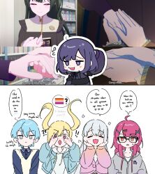  ! !! !? 6+girls ? ahoge akiha_school_uniform anime_screenshot_inset arm_behind_head bang_dream! bang_dream!_yumemita blonde_hair blue_hair bob_cut closed_eyes commentary english_commentary expressive_hair flying_sweatdrops fuji_miyako fuji_miyako_(real) glasses green_hair grey_eyes grey_hair heart highres holding_hands lesbian_flag long_hair long_sleeves medium_hair meme minetsuki_ritsu minetsuki_ritsu_(real) miyanaga_nonoka miyanaga_nonoka_(real) mole mole_under_mouth mugendai_mewtype multiple_girls nakamachi_arale nakamachi_arale_(real) pink_eyes purple_hair red_eyes red_hair say_gex_(meme) school_uniform screenshot_inset sengoku_yuno sengoku_yuno_(real) short_hair speech_bubble spoken_question_mark thought_bubble twintails vietnamese_text viola_(bang_dream!) violet_eyes white_background yukdz2 yuri 