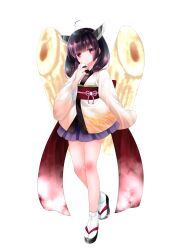  1girl \||/ absurdres ahoge black_sandals blunt_bangs closed_mouth edomura_niniko full_body hand_up headgear highres japanese_clothes kimono kiritanpo_(food) long_sleeves looking_at_viewer medium_hair miniskirt obi official_art okobo platform_sandals pleated_skirt purple_skirt red_eyes red_sash sandals sash second-party_source simple_background skirt socks solo standing tabi touhoku_kiritan transparent_background twintails voiceroid white_kimono white_socks wide_sleeves 