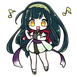  1girl :d absurdres ahoge blush_stickers chibi chibi_only edomura_niniko full_body green_hair green_hairband green_kimono hairband highres holding holding_microphone japanese_clothes kimono long_hair looking_at_viewer microphone musical_note obi official_art okobo open_mouth platform_sandals purple_sash sandals sash second-party_source short_sleeves simple_background smile socks solo standing tabi touhoku_zunko transparent_background very_long_hair voiceroid white_socks yellow_eyes 