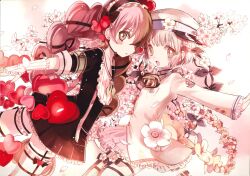  2girls 7753 artist_request braid brown_hair flower frilled_skirt frills goggles hair_ornament hat heart heart_hair_ornament highres long_hair magical_girl mahou_shoujo_ikusei_keikaku mahou_shoujo_ikusei_keikaku_limited multicolored_hair multiple_girls petals pink_hair sailor_collar school_uniform short_hair skirt smile snow_white_(mahoiku) thigh-highs third-party_source twin_braids white_flower white_thighhighs yellow_eyes 