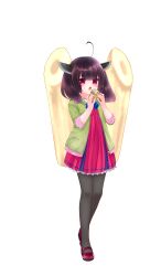  1girl absurdres ahoge black_pantyhose blunt_bangs blunt_ends dress edomura_niniko frilled_dress frills full_body green_jacket headgear highres jacket kiritanpo_(food) medium_hair official_art open_clothes open_jacket open_mouth pantyhose pink_dress pleated_dress red_shoes second-party_source shoes simple_background solo standing three-quarter_sleeves touhoku_kiritan transparent_background voiceroid 