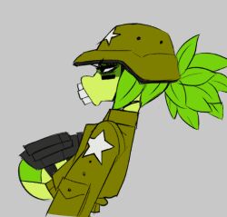  1girl colored_skin green_hair green_skin grey_background hat military_hat military_uniform monster_girl narrowed_eyes peashooter_(plants_vs._zombies) plant_girl plant_hair plants_vs._zombies sqwunx 