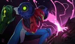  1girl alien arm_cannon armor assault_visor blue_armor full_armor glowing_arm green_assault_visor helmet heywowart highres metroid metroid_ravenous multicolored_armor normal_suit_(metroid) power_armor power_suit_(metroid) red_helmet samus_aran signature weapon 
