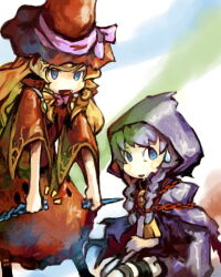  2girls bell black_boots blonde_hair boots bow braid cape chain cloak comedic_sweatdrop curse_maker curse_maker_2 doctor_magus doctor_magus_2 dress fang hat hat_bow holding hood hood_up hooded_cloak long_hair looking_at_viewer lowres multiple_girls myu_(neorosi) neck_bell open_mouth pink_bow purple_cloak purple_hair red_cape red_dress red_hat ringlets sekaiju_no_meikyuu sekaiju_no_meikyuu_2 sitting standing twin_braids v-shaped_eyebrows witch_hat 