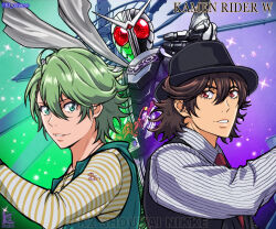  2boys black_hat commentary_request compound_eyes copyright_name fedora fuuto_tantei green_eyes green_hair hair_between_eyes hat henshin_pose hidari_shoutarou k2_shokai kamen_rider kamen_rider_double kamen_rider_double_(cyclonejoker) kamen_rider_w long_sleeves looking_at_viewer male_focus medium_hair multiple_boys necktie parted_lips philip_(kamen_rider) red_necktie smile twitter_username upper_body 