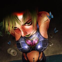  1girl album_cover album_cover_redraw animal_print bare_shoulders birthmark blue_butterfly blue_shirt breasts bug butterfly butterfly_print closed_mouth cover cuffs deftones_(band) derivative_work disc eyelashes green_eyes green_hair green_lips green_nails handcuffs highres joestar_birthmark jojo_no_kimyou_na_bouken kujo_jolyne lipstick makeup nail_polish navel navel_piercing parody piercing ricccardot shirt solo stone_ocean watermark 