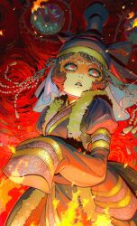  1girl absurdres ambiguous_red_liquid beads blank_eyes boqta chinstrap commentary_request deel eye_background falling_object fire floating_headgear from_below fur-trimmed_robe fur_trim gold_trim headgear highres jewelry lipstick looking_up makeup mongolian_clothes no_pupils nshi pink_eyes purple_robe red_background robe scared shaded_face sleeves_past_fingers sleeves_past_wrists solo tenmaku_no_jaadugar toregene_(tenmaku_no_jaadugar) underlighting veil white_veil 