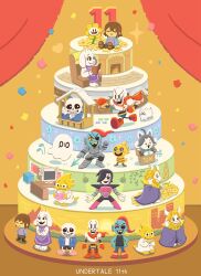  3others 4girls 5boys ahoge alphys android anniversary annoying_dog armor asgore_dreemurr black_hair blue_flower blue_skin bone_in_mouth box brothers brown_hair cake chair chibi chibi_only choir_outfit_(utdr) colored_sclera colored_skin commentary_request delta_rune_print dog eyeliner eyepatch fireplace fish_girl flower flowey_(undertale) food frisk_(undertale) ghost goat_boy goat_girl grey_hair highres holding holding_polearm holding_watering_can holding_weapon in_box in_container makeup market_stall mettaton mettaton_ex miki_288 monitor monster_kid_(undertale) multiple_boys multiple_girls multiple_others napstablook official_alternate_costume on_chair papyrus_(undertale) polearm reading red_eyeliner red_hair red_scarf robot_boy sans_(undertale) scarf sharp_teeth shirt siblings sitting skeleton spear spotlight striped_clothes striped_shirt teeth temmie toriel undertale undyne utdr_(toby_fox) watering_can weapon white_dog white_fur yellow_flower yellow_sclera yellow_skin 