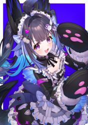  1girl :d ahoge aqua_hair blue_background blush border breasts colored_inner_hair decora enna_alouette enna_alouette_(maid) fur-trimmed_mittens fur_trim hands_up head_wings highres kt._(kaisou-notagui) long_hair looking_at_viewer low_wings maid maid_headdress mittens multicolored_hair nijisanji nijisanji_en official_artist_extra outside_border oven_mitts purple_hair simple_background single_tooth small_breasts smile solo two_side_up violet_eyes virtual_youtuber white_border wings wolf_cut 