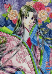  1girl artist_name black_eyeshadow blue_kimono bug butterfly closed_mouth curtained_hair eyeshadow floral_print floral_print_kimono flower green_butterfly hakama hakama_skirt hand_up japanese_clothes kimono layered_kimono long_hair long_sleeves makeup original painting_(medium) peony_(flower) pink_flower pink_kimono print_kimono red_flower red_hakama skirt sleeves_past_fingers sleeves_past_wrists smile solo suzumame traditional_media upper_body very_long_hair watercolor_(medium) white_flower white_kimono 