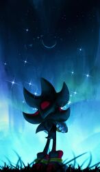  1boy anklet armlet commentary crossed_arms english_commentary furry furry_male gloves gold_armlet hedgehog_boy highres jewelry moon rythayze shadow_the_hedgehog short_tail sonic_(series) spiky_hair star_(sky) striped_fur tail two-tone_fur white_gloves 