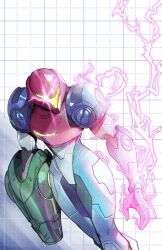  1girl absurdres arm_cannon armor assault_visor blue_armor full_armor glowing_arm green_assault_visor helmet highres metroid metroid_ravenous multicolored_armor normal_suit_(metroid) power_armor power_suit_(metroid) red_helmet samus_aran weapon zukupow 