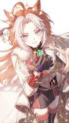  1girl absurdres ahoge animal_ears ascot black_ascot black_boots black_gloves black_skirt blue_eyes blush boots coat colored_bangs commentary_request ear_covers gem gloves green_gem highres horse_ears horse_girl jacket long_hair long_sleeves looking_at_viewer multicolored_hair open_mouth orange_hair orfevre_(control)_(umamusume) orfevre_(umamusume) red_thighhighs single_ear_cover skirt smile solo synzmayu thigh-highs thigh_boots two-tone_hair umamusume white_coat white_hair 