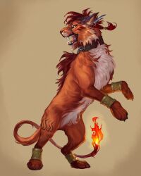  1boy absurdres claws collar crab-milktea english_commentary fangs feather_hair_ornament feathers fiery_tail final_fantasy final_fantasy_vii fire gold_bangle hair_ornament highres looking_to_the_side open_mouth orange_fur pawpads red_hair red_xiii smile standing tail 