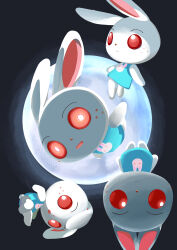  4girls absurdres animal_crossing animal_ears animal_print aqua_shirt black_background chibi chibi_only commentary_request freckles furry furry_female highres moon multiple_girls multiple_views rabbit_ears rabbit_girl rabbit_print red_eyes ruby_(animal_crossing) shirt uzura763 white_fur 
