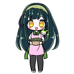  1girl :d absurdres ahoge apron black_thighhighs blush_stickers bowl chibi chibi_only edomura_niniko full_body green_hair green_hairband green_sailor_collar green_skirt hairband highres holding holding_bowl long_hair long_sleeves looking_at_viewer official_art open_mouth pea_pod pink_apron sailor_collar school_uniform second-party_source serafuku shirt shoes simple_background skirt smile solo standing thigh-highs touhoku_zunko transparent_background utau very_long_hair voiceroid white_shirt white_shoes yellow_eyes zundamon zundamon_(utau) 