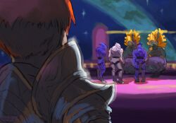  6+boys alien arbiter armor blue_armor blue_helmet combat_helmet crown dated east-west_crossover from_behind halo_(series) halo_2 halo_installation helmet highres kanokoga multiple_boys on_throne pauldrons prophet_of_mercy prophet_of_truth red_hair ringworld rtas'vadum san'shyuum sangheili scene_reference science_fiction short_hair shoulder_armor signature silver_armor single_pauldron sitting sky sousou_no_frieren spacecraft_interior standing star_(sky) stark_(sousou_no_frieren) starry_sky throne white_armor white_helmet 