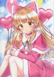  1girl absurdres alternate_costume balloon bow brown_eyes brown_hair capelet choker christmas commentary_request dress frilled_bow frilled_hair_tubes frills fur-trimmed_capelet fur-trimmed_sleeves fur_trim green_ribbon hair_bow hair_tubes hakurei_reimu heart_balloon highres holding holding_balloon long_hair long_sleeves neck_ribbon painting_(medium) red_bow red_capelet red_choker red_dress ribbon santa_costume santa_dress solo soraneko_(115463583) touhou traditional_media watercolor_(medium) 