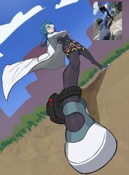  1girl ammonoid anklet arrest blue_hair commentary crossed_arms dutch_angle english_commentary from_below glasses highres jewelry lab_coat mable_(pokemon) perspective photo-referenced photo_inset pokemon pokemon_legends:_z-a posing restrained solo thigh-highs wind 