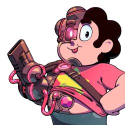 1boy arm_cannon black_hair child closed_mouth cyborg denim discount-supervillain gem gem_(steven_universe) glowing glowing_eye jeans male_focus pants shirt short_hair simple_background smile steven_quartz_universe steven_universe t-shirt tongue tongue_out transparent_background weapon 