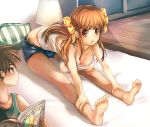  barefoot bed blush bow breasts brother_and_sister brown_eyes brown_hair denim denim_shorts down_blouse excercise exercise feet frontbend hair_bow hair_ribbon hanging_breasts large_breasts legs long_hair original ribbon shorts siblings stretch suoni_(deeperocean) sweat 
