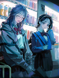  2girls absurdres alien_stage anakt_arts_high_school_uniform black_bow black_bowtie black_hair black_skirt blazer blue_jacket bottle bow bowtie can chinese_commentary collared_shirt commentary_request commission diagonal-striped_bow diagonal-striped_bowtie diagonal-striped_clothes drink_can glasses grey_hoodie hairband highres hood hoodie huizi0001 jacket long_hair long_sleeves mizi_(alien_stage) multiple_girls pink_hair ponytail red_bow red_bowtie school_uniform second-party_source shirt short_ponytail skirt smile striped_bow striped_bowtie striped_clothes sua_(alien_stage) vending_machine watermark white_shirt 